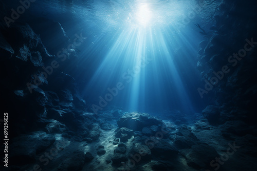 Underwater Sea: Exploring the Deep Abyss with Blue Sunlight - Captivating Oceanic Depths - Created with Generative AI Tools