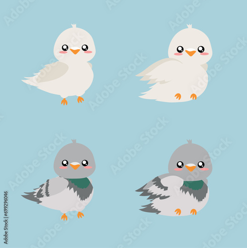 ilustracion tierna de dos palomas, blanca y otra gris
