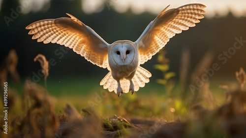 owl flight. hunting barn owl, wild bird in morning nice light. beautiful animal. AI Generative