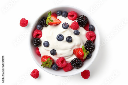 Delicious Indulgence: Bowl of Greek Yogurt and Fresh Berries Isolated - Sumptuous Food Photography - Created with Generative AI Tools