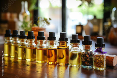 Selection of aromatherapy essential oils and herbal tinctures in glass bottles on a table