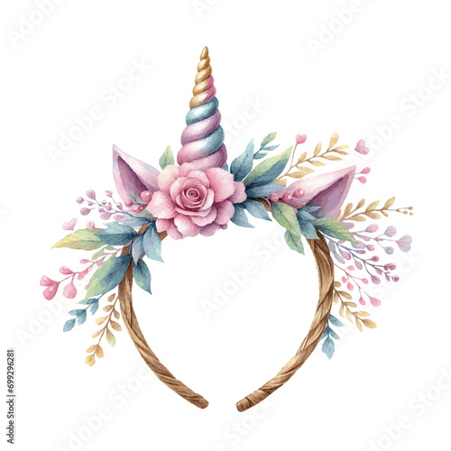 watercolor headband with unicorn horn and bow isolated on white background