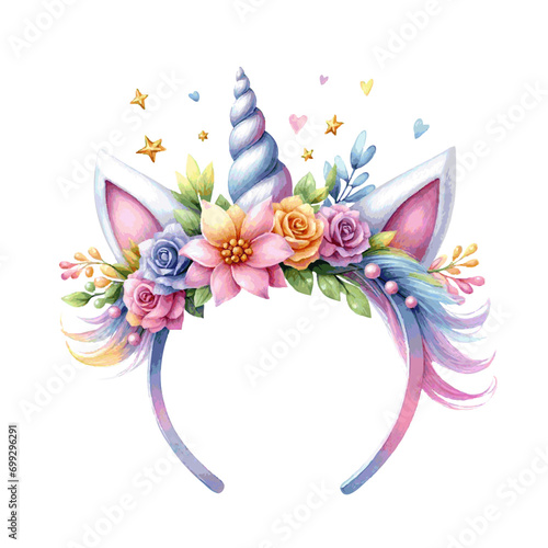 watercolor headband with unicorn horn and bow isolated on white background