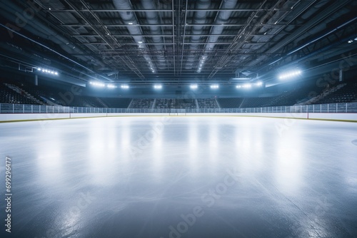 Empty hockey arena, ice rink.