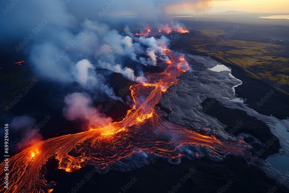 Aerial view of a volcano erupting.