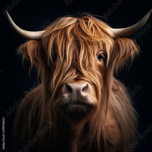Long haired cow portrait with a black background 