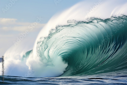 Big wave in the ocean close up. It can be seen inside the wave.