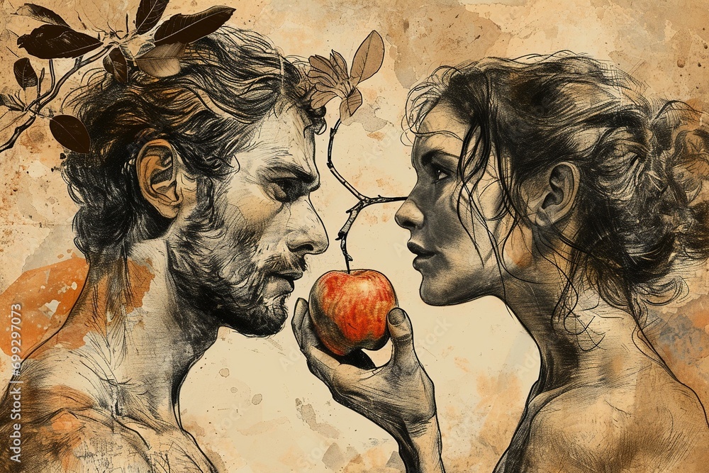 Adam and Eve with an apple. The concept embodies temptation and choice. - obrazy, fototapety, plakaty 