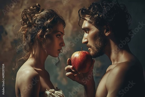 Adam and Eve with an apple. The concept embodies temptation and choice.