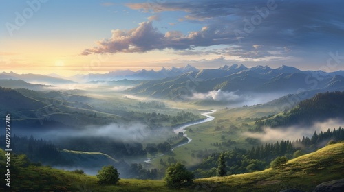 A tranquil scene of a mist-covered valley at dawn, where a river winds its way through rolling hills, and the first light of morning pierces through the fog.