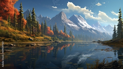 A tranquil scene of a pristine  mirror-like lake nestled within a dense forest  surrounded by vibrant foliage and reflected mountains in the still waters.