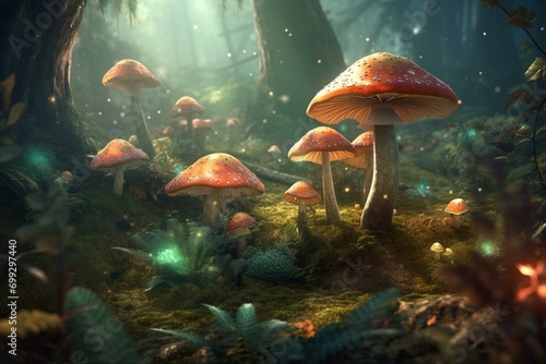 Enchanting mushrooms in mythical forest. Generative AI