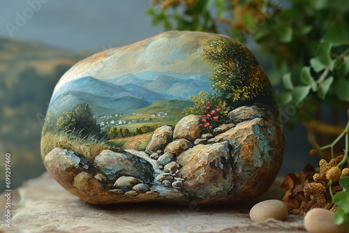 Painting rocks with a picture of the countryside landscape.