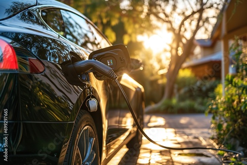 EV charging car on a sunny summer day ourside his garage.  photo