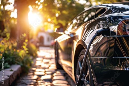 EV charging car on a sunny summer day ourside his garage. 