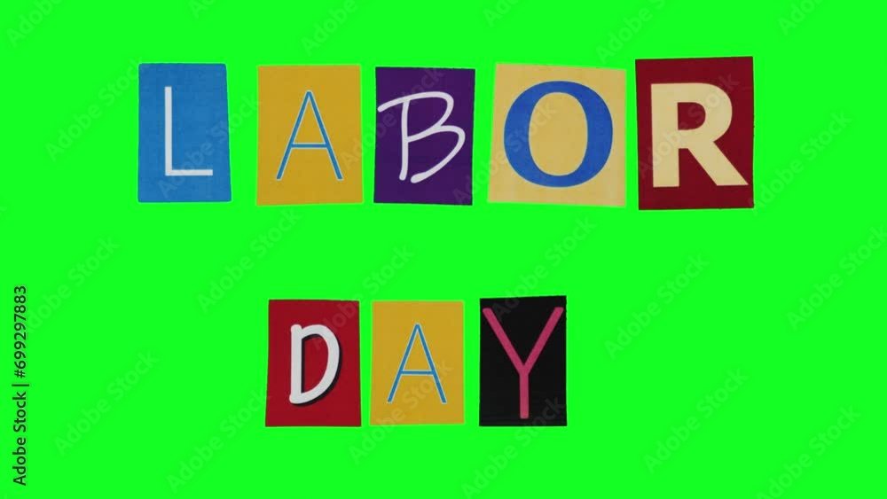 Labour Day text consisting of cartoon collage of animated letters on green background. Promotion pride screensaver template festive element with stop motion loop. Comic art holiday minimalist intro Labour Day text consisting of cartoon collage of animated letters on green background. Promotion pride screensaver template festive element with stop motion loop. Comic art holiday minimalist intro