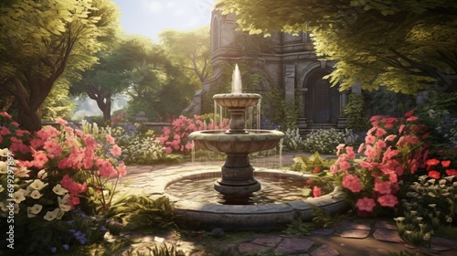 A tranquil, sunlit garden with a weathered stone fountain at its center, surrounded by blooming flowers and lush greenery.