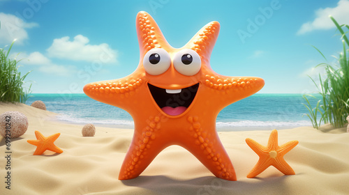 Delightful orange starfish 3D icon  cheerful cartoon in summer scene.