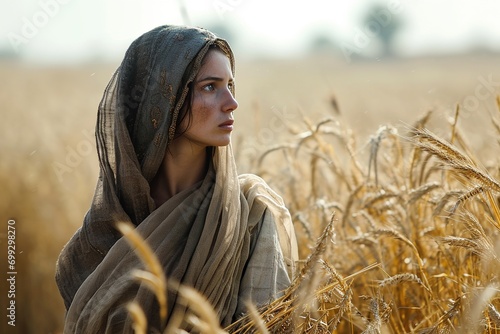 Ruth gathers ears of corn in the field of Boaz, a biblical story. photo