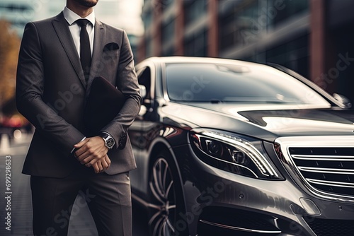 Professional driver next to luxury car. © Bargais