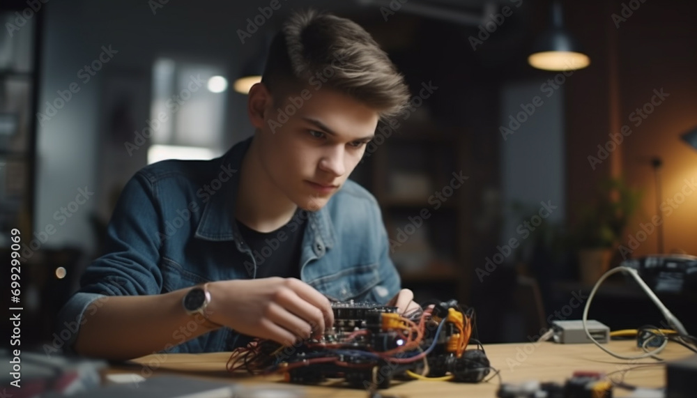 A young man, expert in technology, soldering indoors with concentration generated by AI - obrazy, fototapety, plakaty 