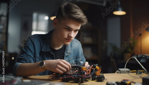 A young man, expert in technology, soldering indoors with concentration generated by AI photo