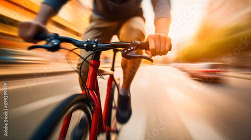 Close up front view blur motion photography of a man riding his bicycle or bike on the city street at daytime in the sunny summer day. Defocused shot of a bicycle commuter traveling outdoors in a rush