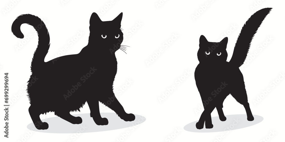 Cat silhouettes and icons. Black flat color simple elegant white background cat animal vector and illustration.	