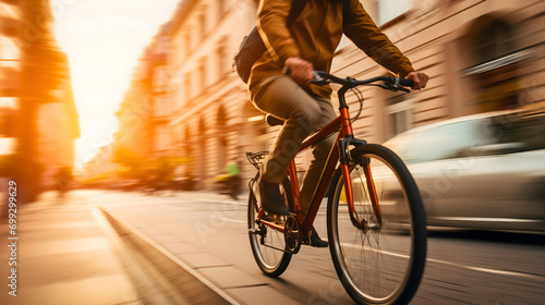 Close up front view blur motion photography of a man riding his bicycle or bike on the street at daytime in the sunny summer day. Defocused shot of a bicycle commuter traveling through city traffic