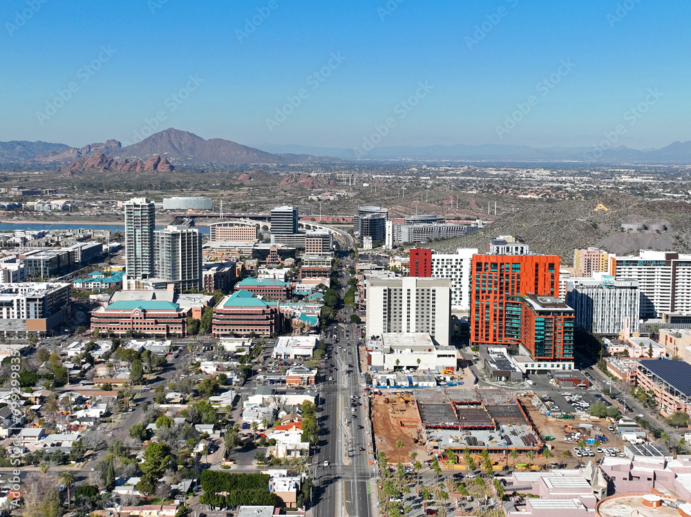 Tempe modern city skyline aerial view on S Mill Avenue near Arizona State University ASU in city of Tempe, Arizona AZ, USA. 