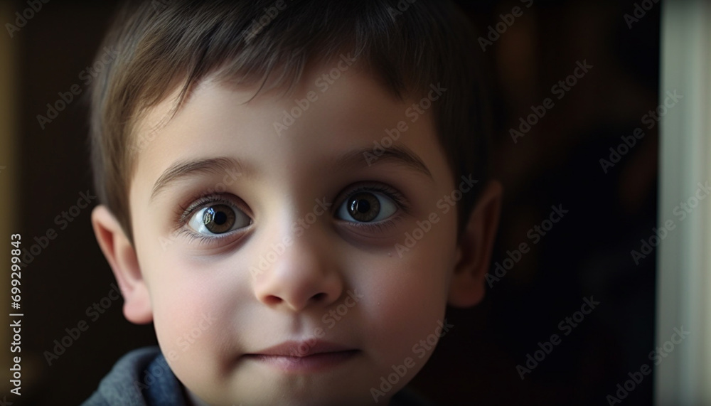 Cute child portrait, one boy, Caucasian, close up, innocence, smiling generated by AI Cute child portrait, one boy, Caucasian, close up, innocence, smiling generated by AI