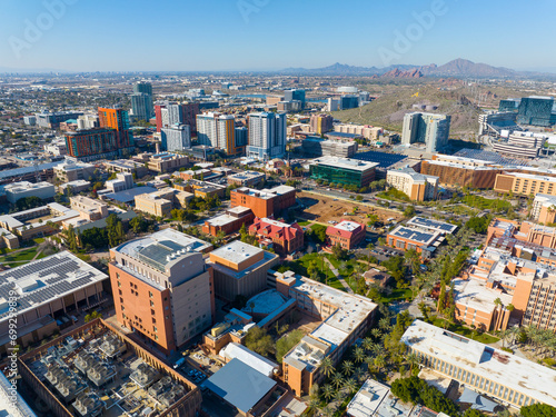 Tempe city downtown and Arizona State University ASU main campus aerial view in city of Tempe, Arizona AZ, USA.  photo
