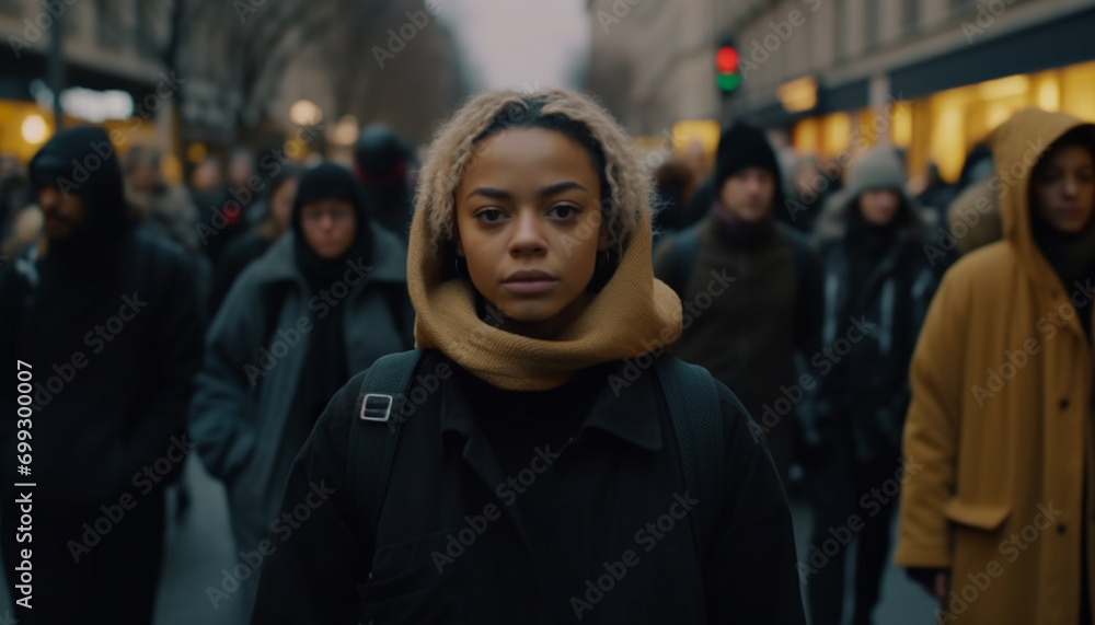 Young adults walking in a crowded city, braving the winter night generated by AI