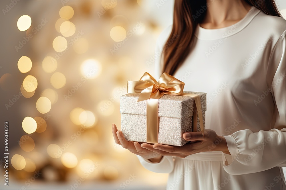 Woman with white dress holding gift box.