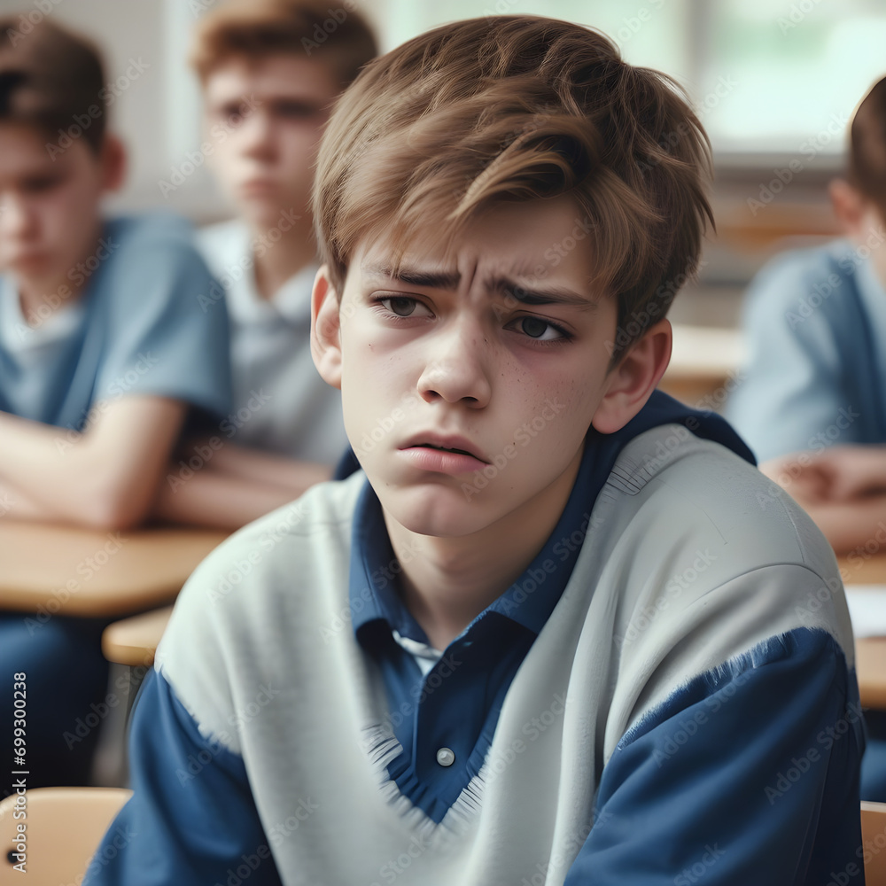 Fototapeta premium Upset boy, teenager, sitting at school after being bullied by classmates. School bullying.