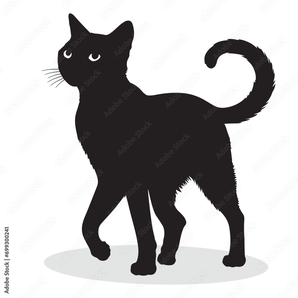 Cat silhouettes and icons. Black flat color simple elegant white background cat animal vector and illustration.	