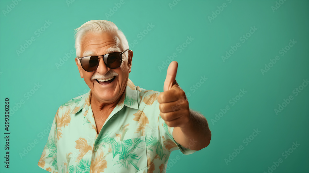 Funny old senior man or grandpa wearing a tropical shirt, smiling and showing thumbs up or like sign to the camera. Aged male with sunglasses, funny elderly retired pensioner Funny old senior man or grandpa wearing a tropical shirt, smiling and showing thumbs up or like sign to the camera. Aged male with sunglasses, funny elderly retired pensioner