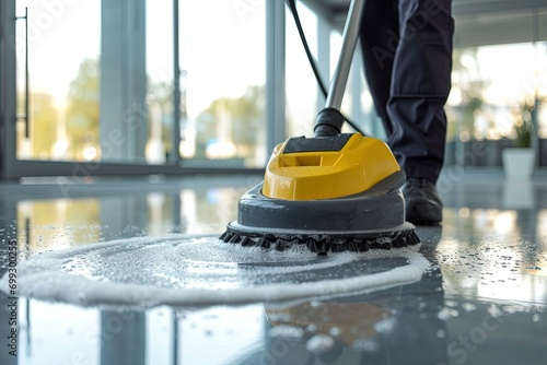 Worker washing office floor with cleaning machine.