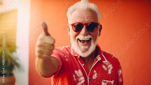 Funny old senior man or grandpa wearing a tropical shirt, smiling and showing thumbs up or like sign to the camera. Aged male with sunglasses, funny elderly retired pensioner