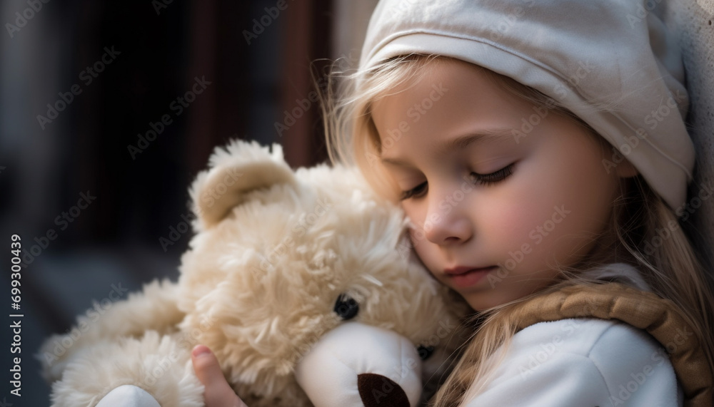 A cute child embraces a teddy bear, smiling with joy generated by AI A cute child embraces a teddy bear, smiling with joy generated by AI