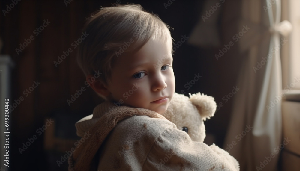 A cute child with blond hair smiling, holding a teddy bear generated by AI A cute child with blond hair smiling, holding a teddy bear generated by AI