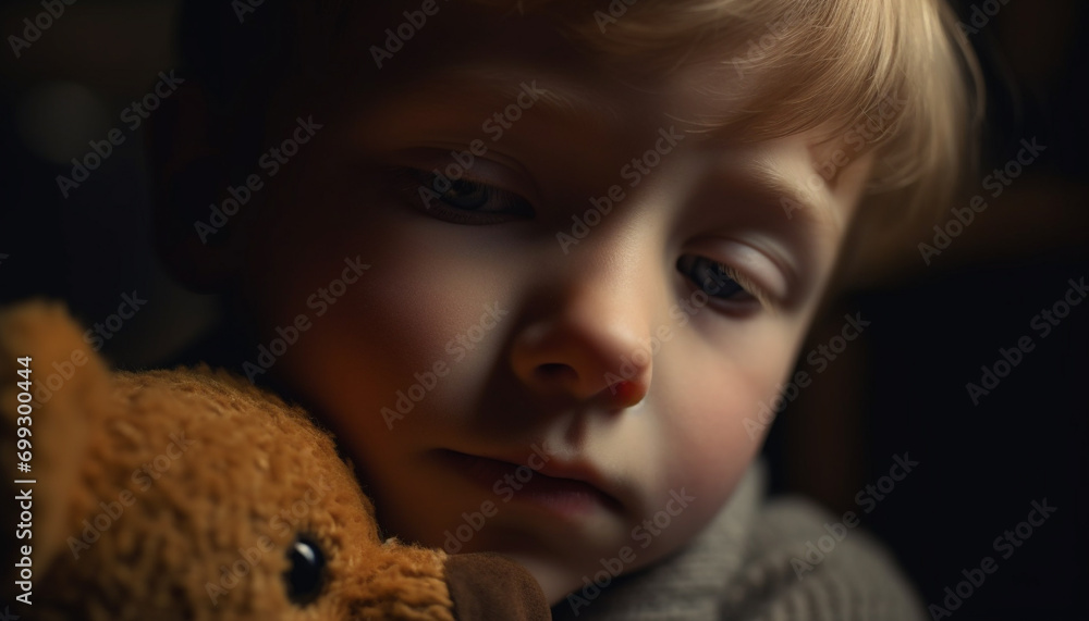 Cute Caucasian child with teddy bear, innocence and happiness generated by AI Cute Caucasian child with teddy bear, innocence and happiness generated by AI