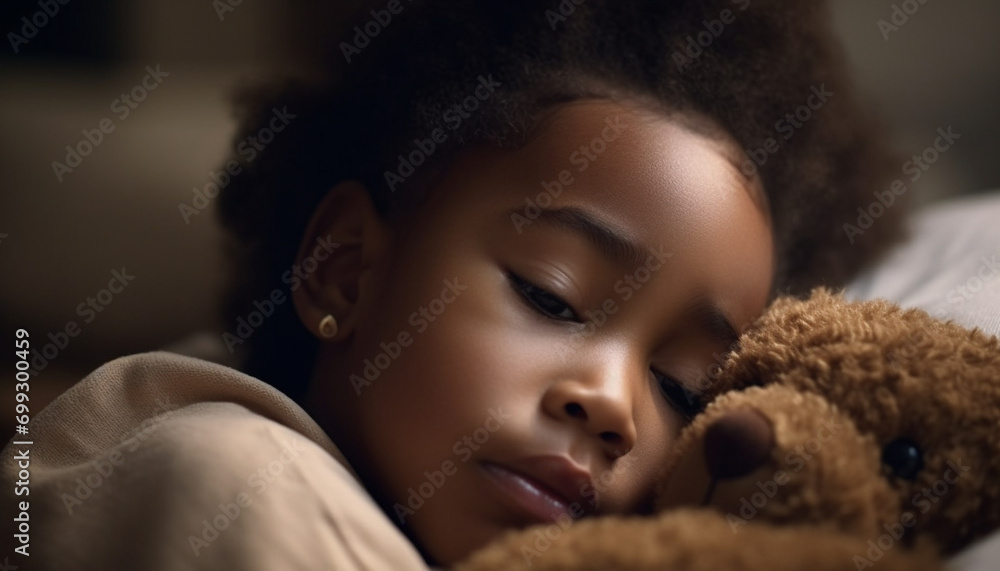A cute child embraces a teddy bear in a cozy bedroom generated by AI
