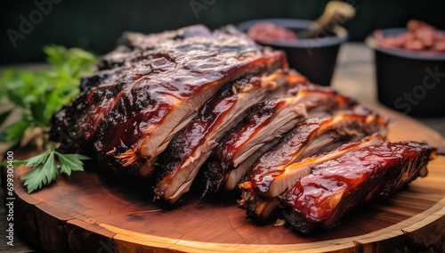 bbq pulled pork on wooden plate 