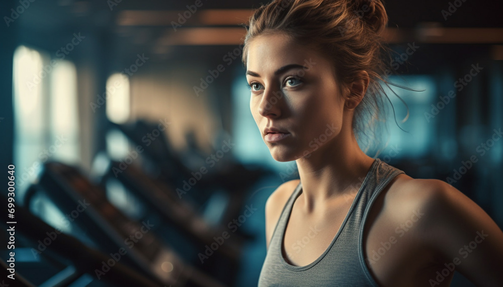 Φωτογραφία Young woman exercising indoors, wearing sports clothing, displaying determinatio