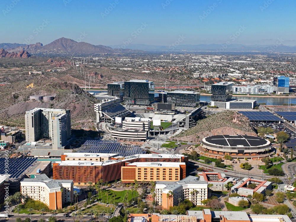 Φωτογραφία Arizona State University ASU including Mountain America Stadium and Desert Financial Arena in main campus aerial view in city of Tempe, Arizona AZ, USA