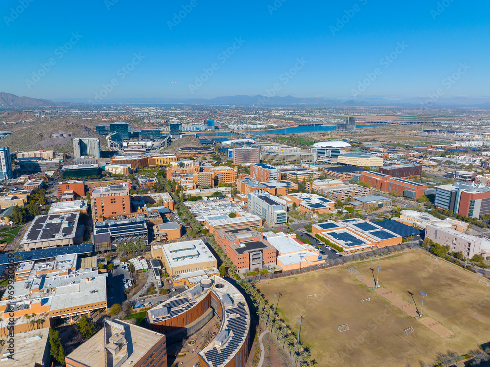 Tempe city downtown and Arizona State University ASU main campus aerial view in city of Tempe, Arizona AZ, USA. 
