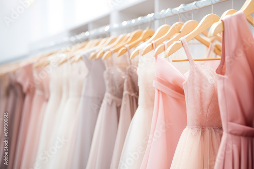 Many elegant pastel color formal dresses for sale in luxury modern shop boutique. Prom gown, wedding, evening, bridesmaid dresses dress details. Dress rental for various occasions and events photo