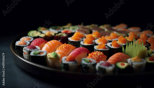 Freshness rolled up on plate, close up of maki sushi generated by AI