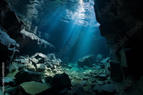 underwater cave with sunlight shining through the water